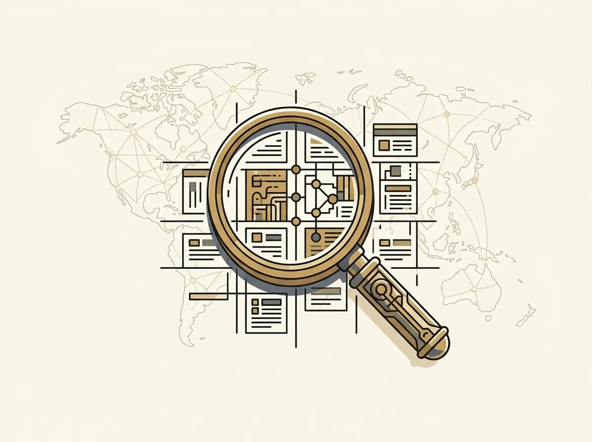 A magnifying glass over data points, superimposed on a global network, symbolizing tax reporting and international transparency.