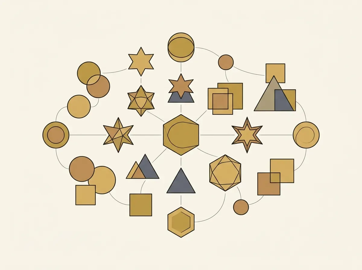 Diverse geometric shapes floating in balance, representing portfolio diversification and risk reduction.