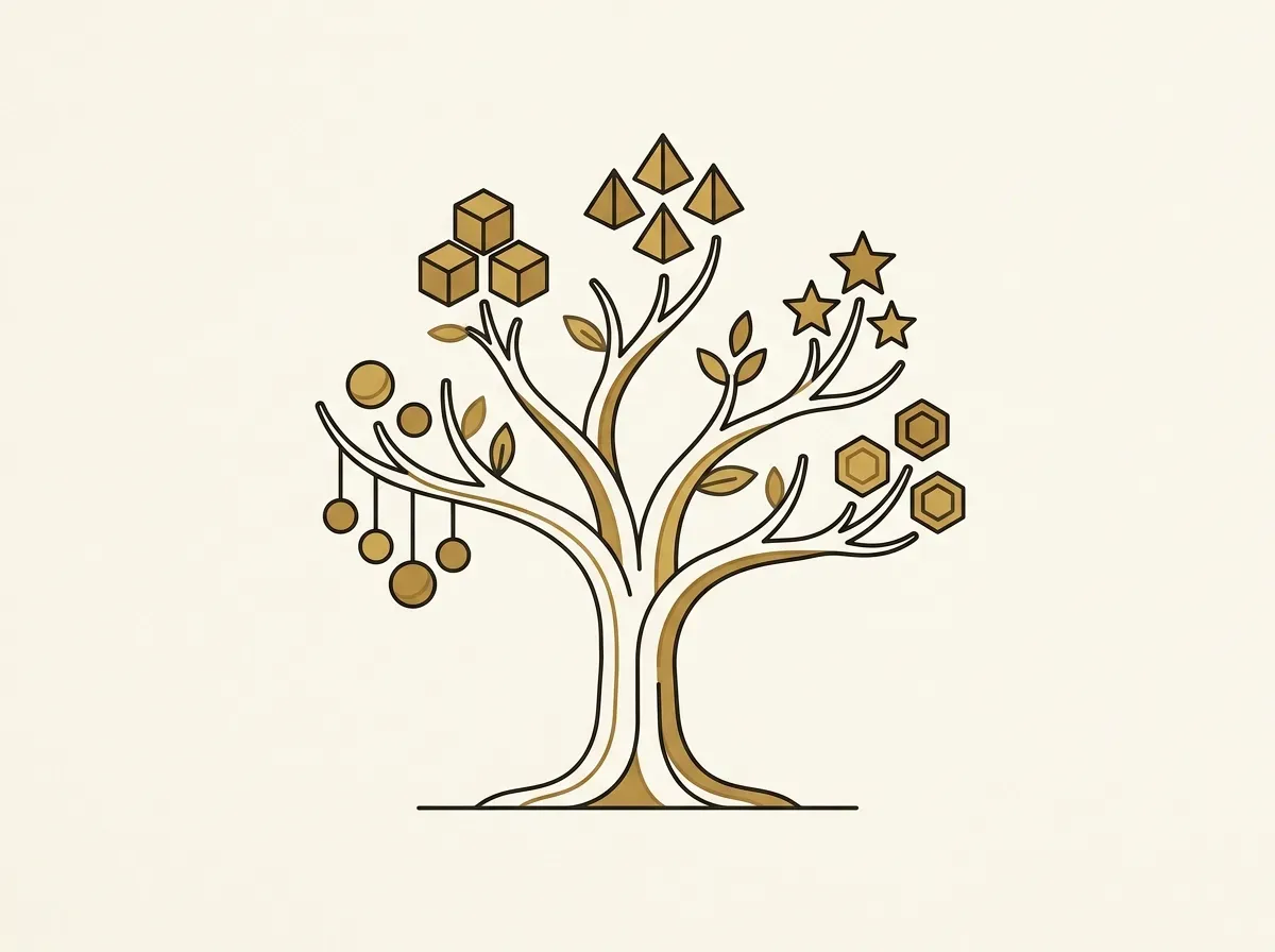 A minimalist tree with diverse abstract shapes on its branches, illustrating asset class and sector diversification.