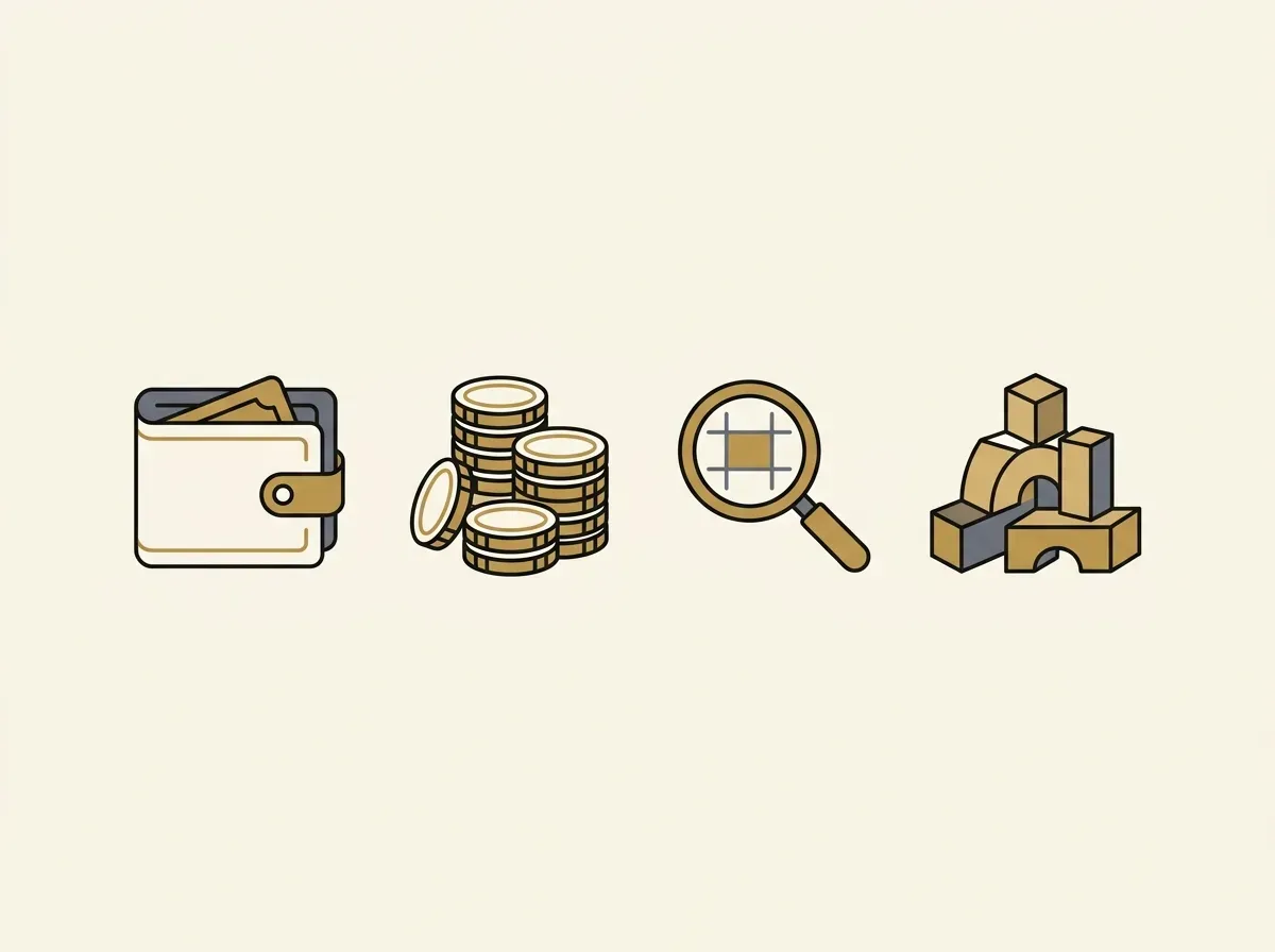 A sequence of icons: wallet, coins, magnifying glass, and interlocking blocks, representing portfolio building steps.