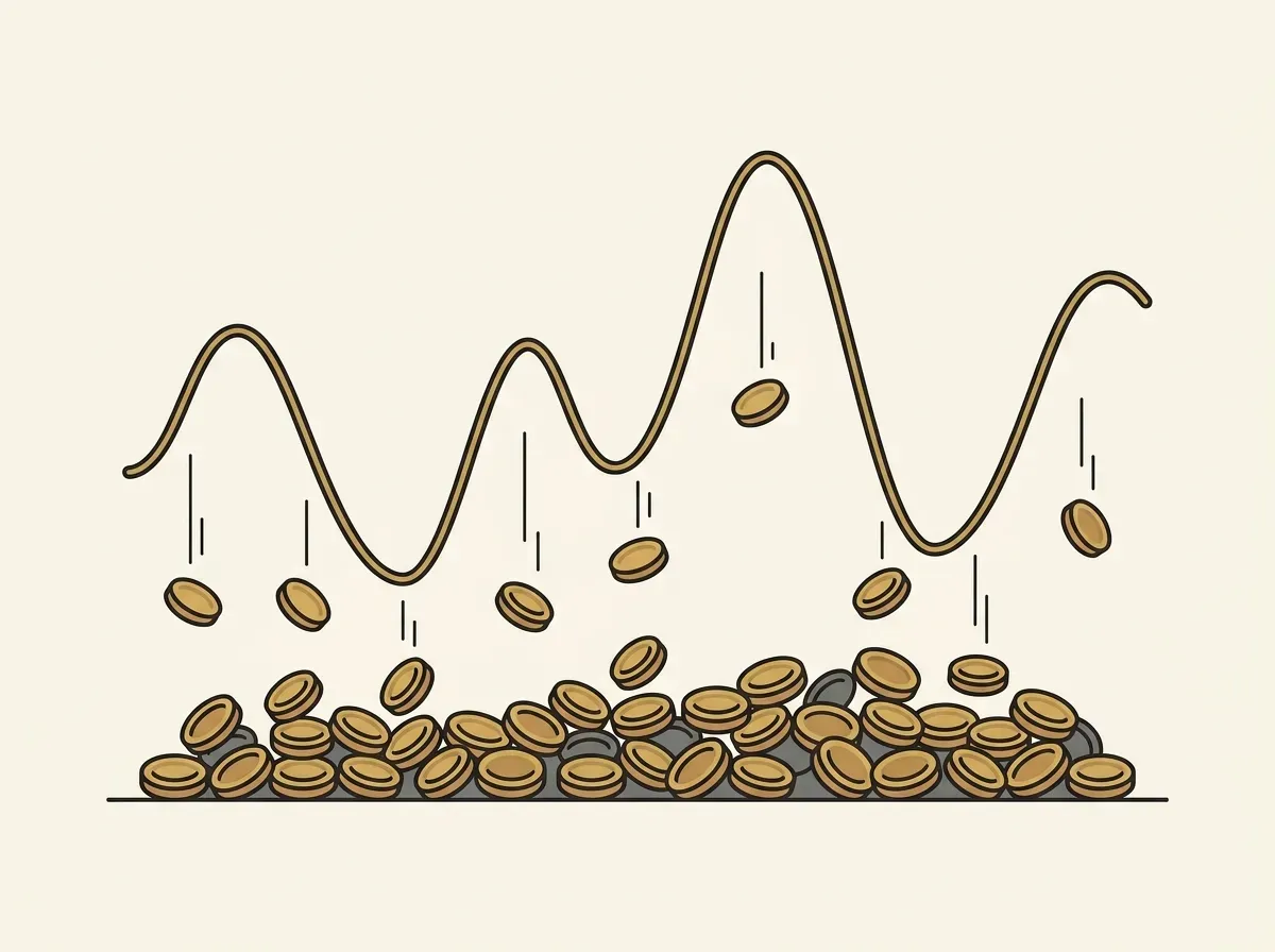 Line art showing consistent coin investments over a fluctuating market price, accumulating more coins when prices are low.