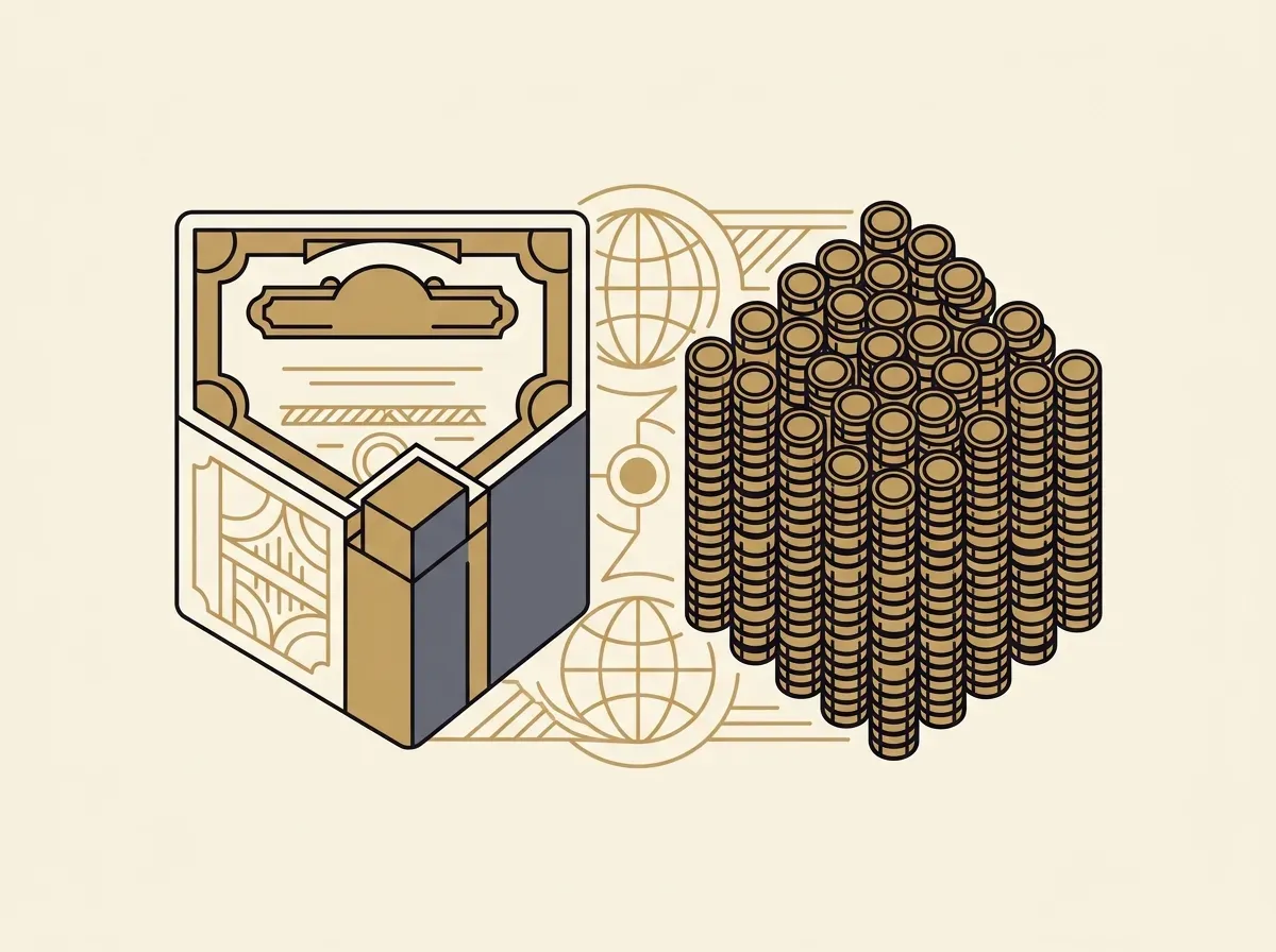 Line art showing a large stock share broken into many small, uniform token shapes, with a subtle globe icon, representing fractional and global ownership.