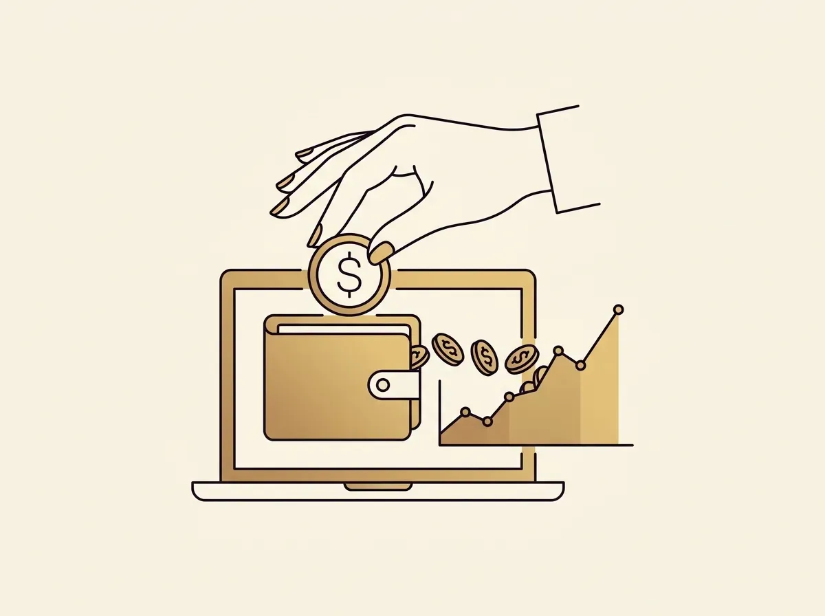Line art of a hand dropping a coin into a digital wallet, with smaller coins flowing towards a stock graph, symbolizing funding and trading.