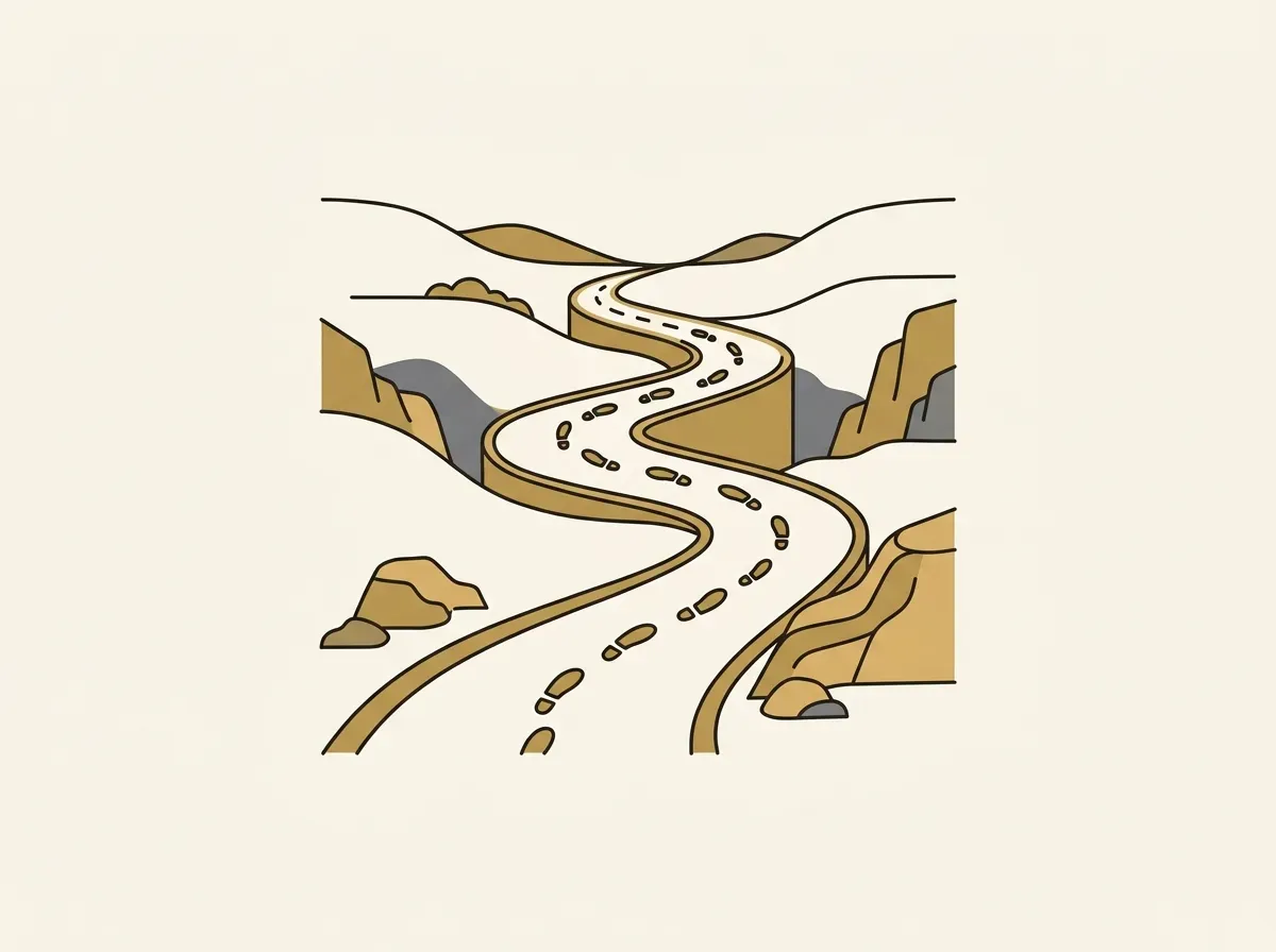 Line art of a winding, upward-sloping path with consistent footprints, symbolizing long-term investment discipline.