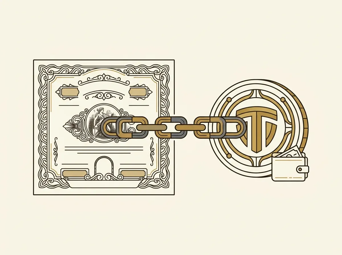 Line art showing a stock certificate linked to a digital token on a blockchain, with a wallet, representing tokenized stocks.