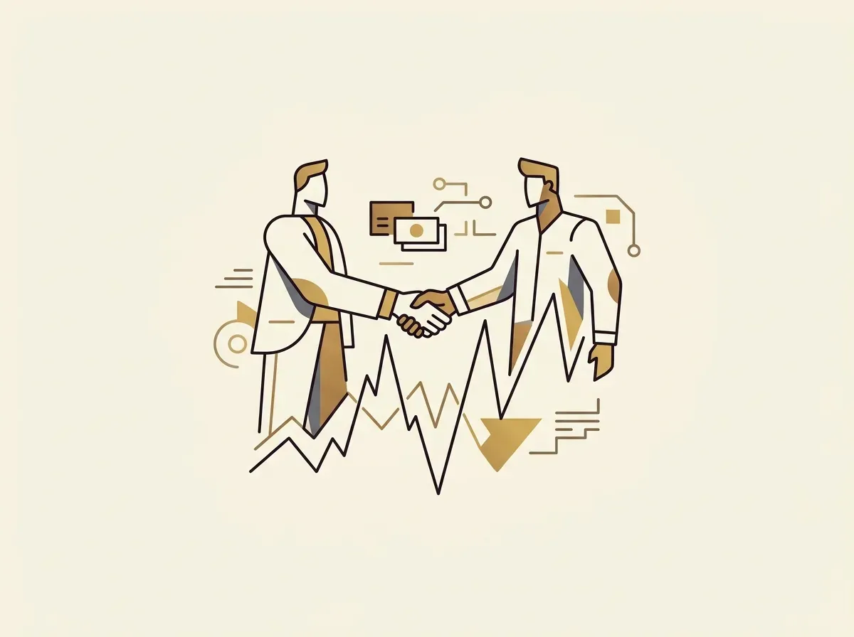 Line art depicting two figures shaking hands over a volatile market graph, representing a CFD agreement.