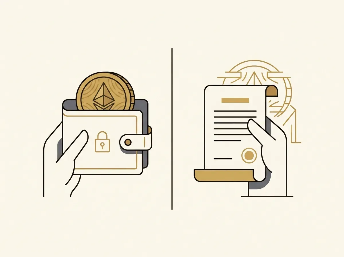Line art comparing self-custody of a digital token in a wallet versus a contract held by a broker.