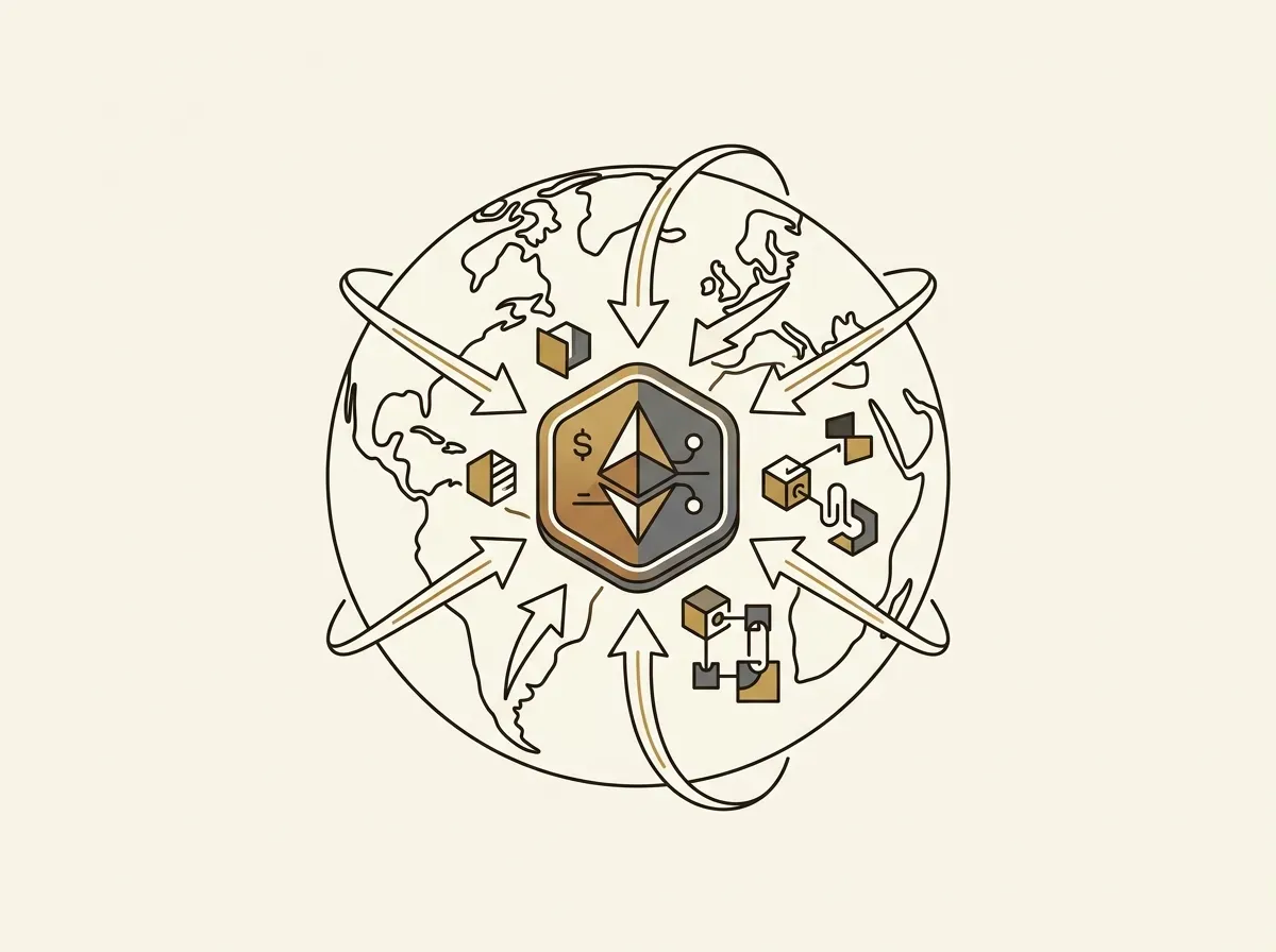 Line art of a globe connected to a digital token by arrows, representing global access and DeFi utility.