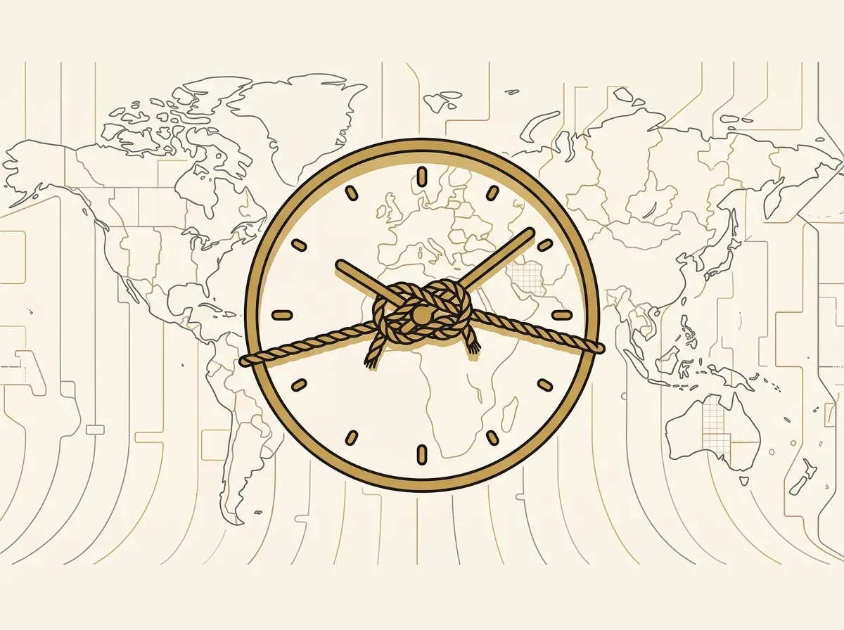 A clock with hands tied, representing limited traditional stock market hours and global time zone challenges.