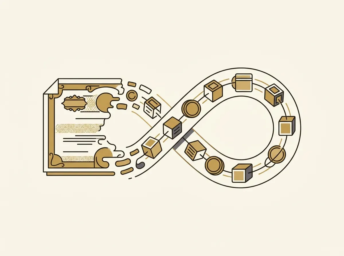 A stock certificate transforming into digital tokens on an infinite blockchain path, symbolizing continuous, tokenized access.