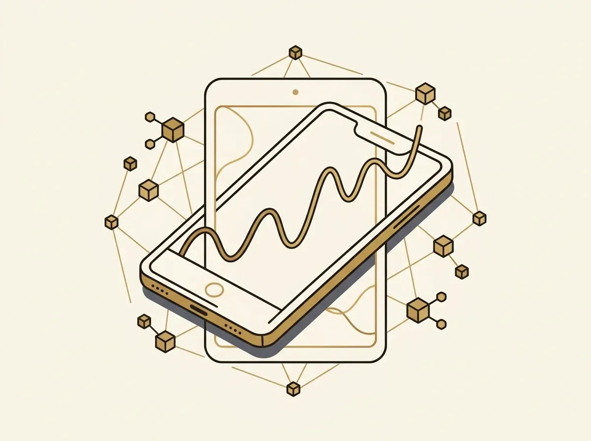 A smartphone screen with a continuous trading chart line and blockchain nodes, representing 24/7 tokenized stock trading.