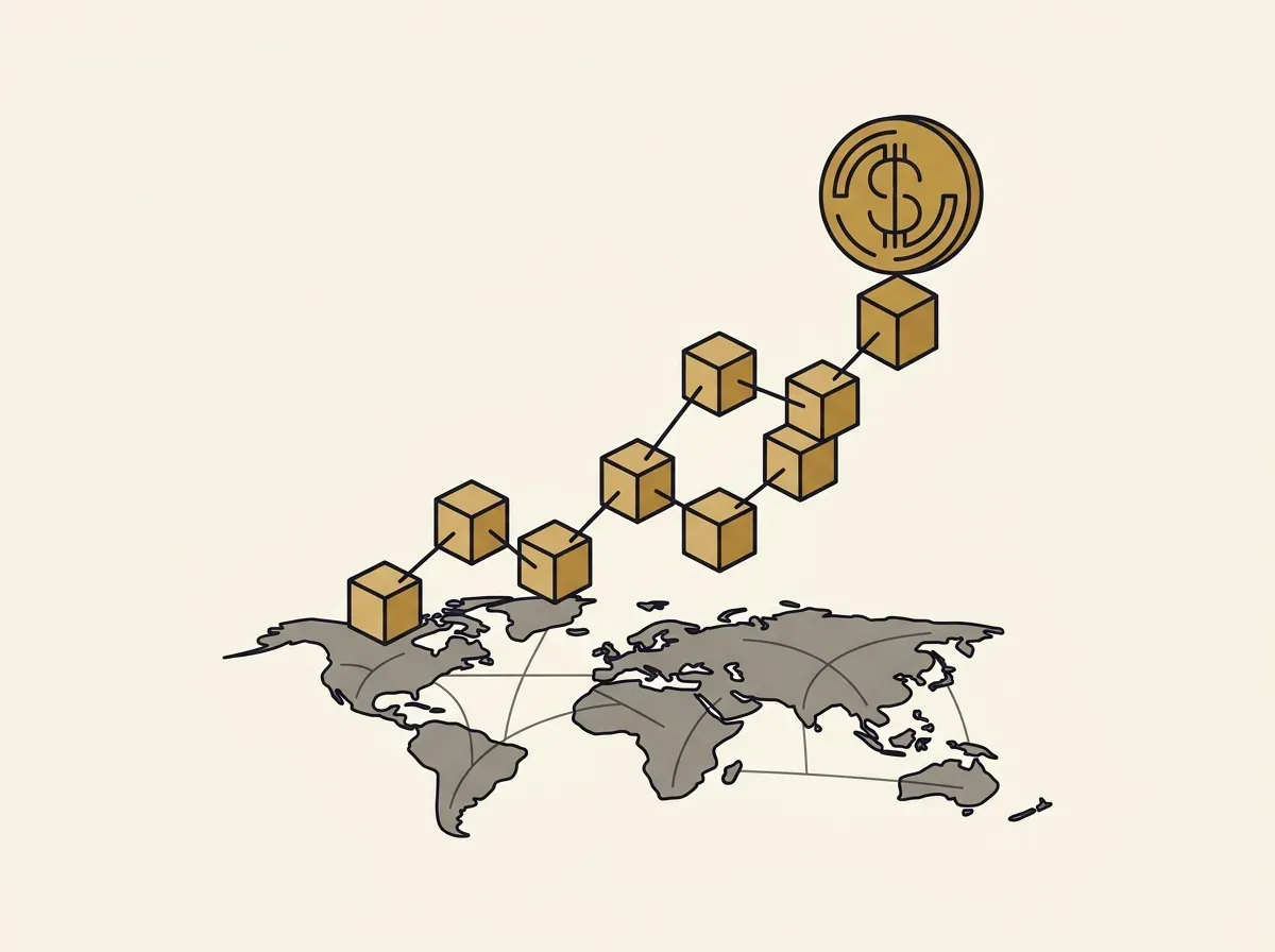 An upward-trending graph made of digital blocks rising from a globe, culminating in a token symbol, illustrating market growth.