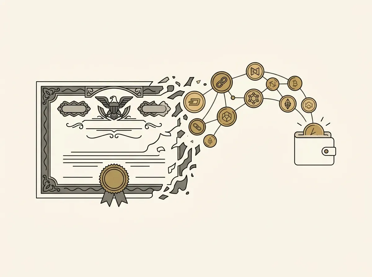 A stock certificate transforming into digital tokens, flowing into a blockchain network and a digital wallet.