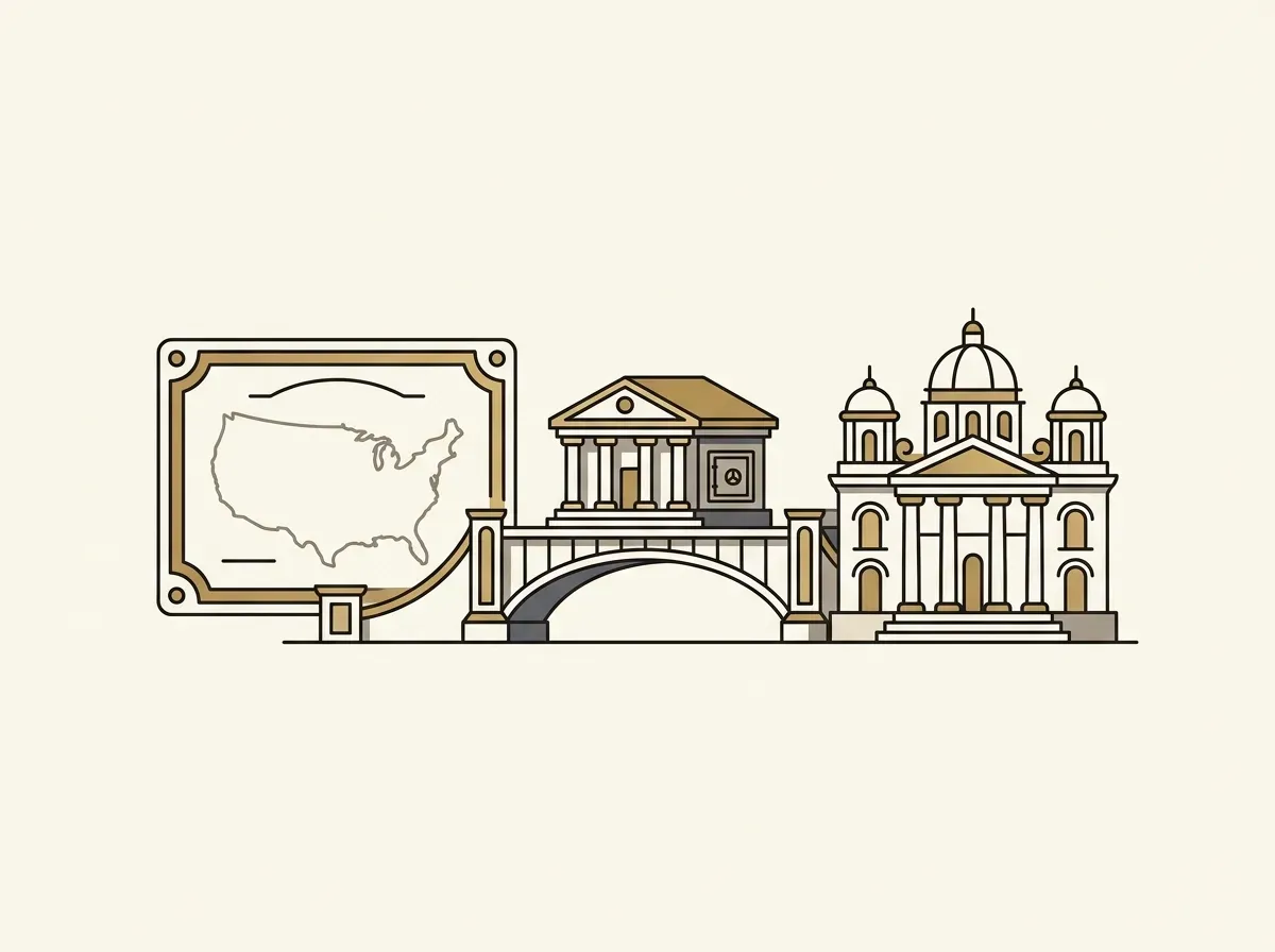 A US certificate connecting to a foreign building via a bridge with a bank in the middle.