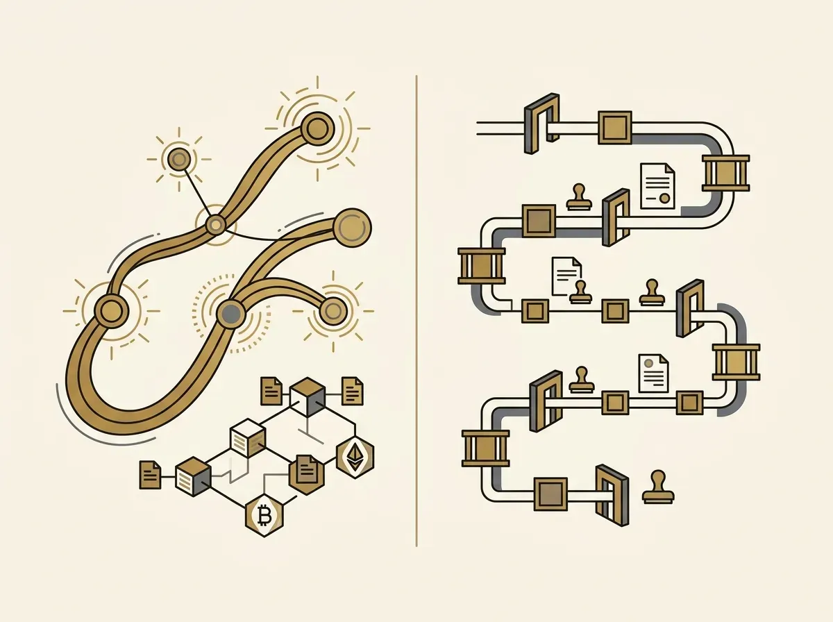 A split image showing a fast, continuous digital transfer path and a slower, segmented traditional settlement path.