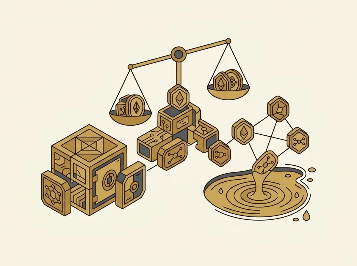Digital tokens as modular building blocks connecting with abstract shapes representing DeFi protocols.