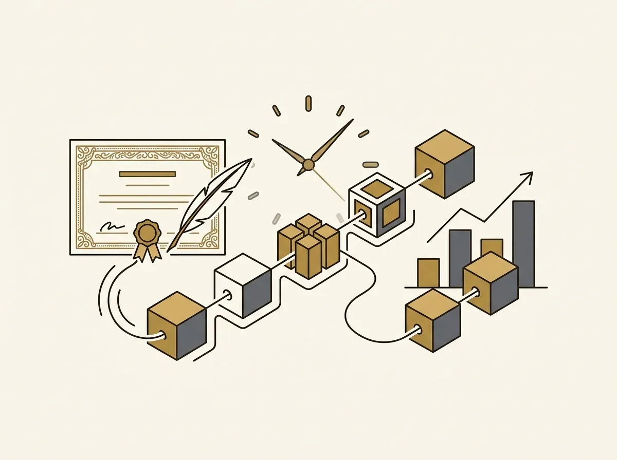 Traditional stock certificate transforming into fractional digital blocks on a blockchain, with a clock.
