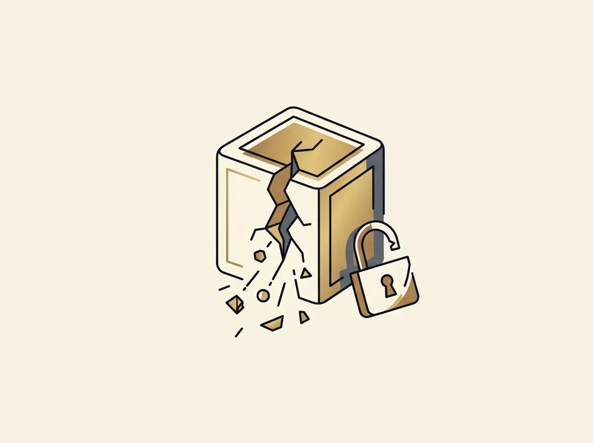 A cracked digital block with falling fragments and a broken padlock, symbolizing smart contract risk.