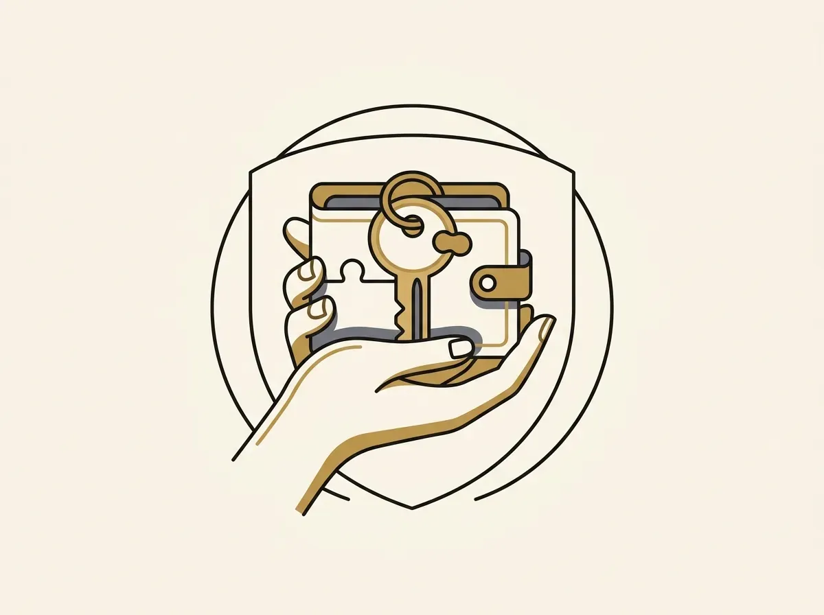 Hand holding a digital wallet icon formed from three interlocking key fragments, representing secure MPC self-custody.