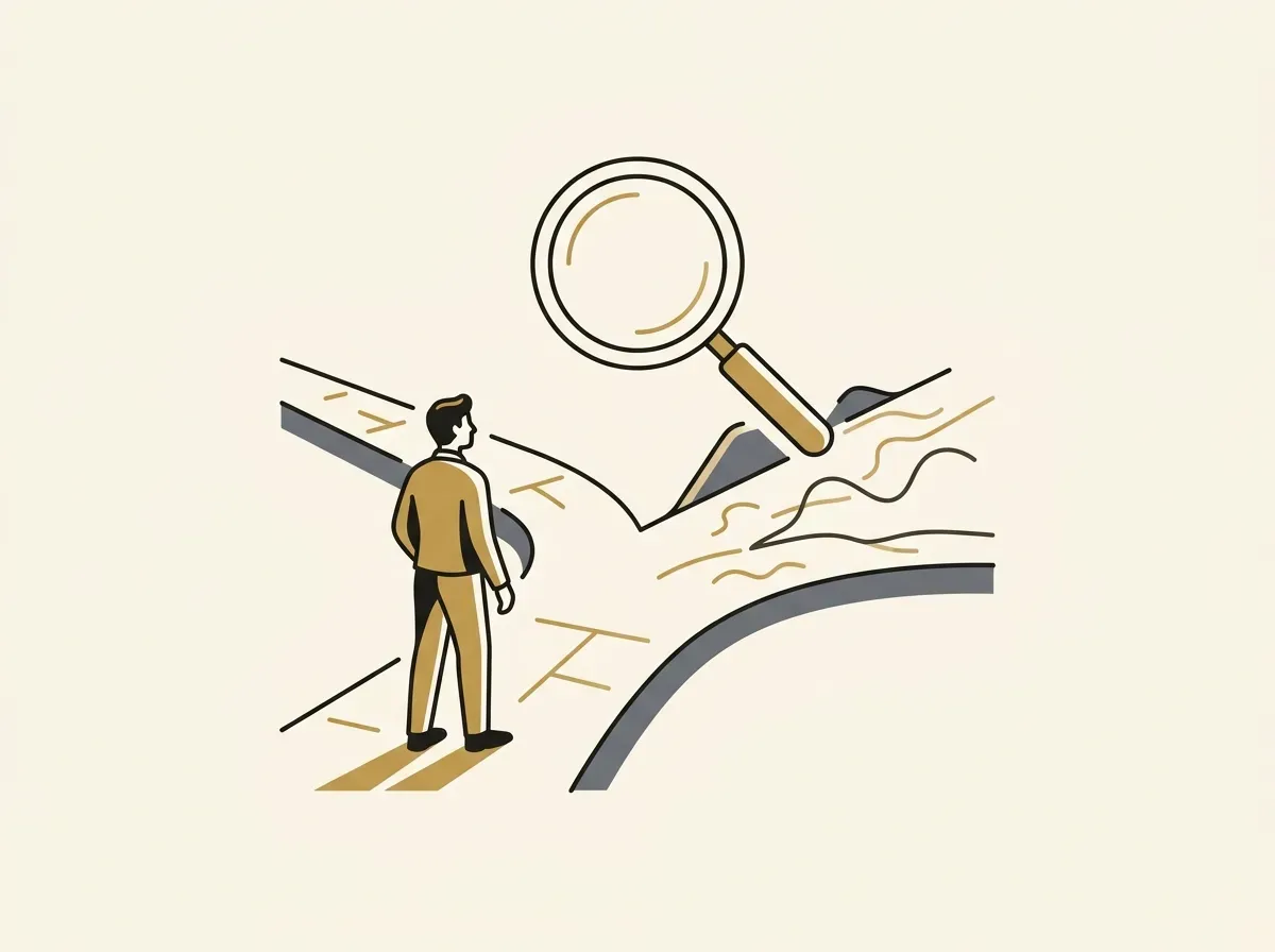 Person at a path fork with a magnifying glass, symbolizing careful investment decision-making.