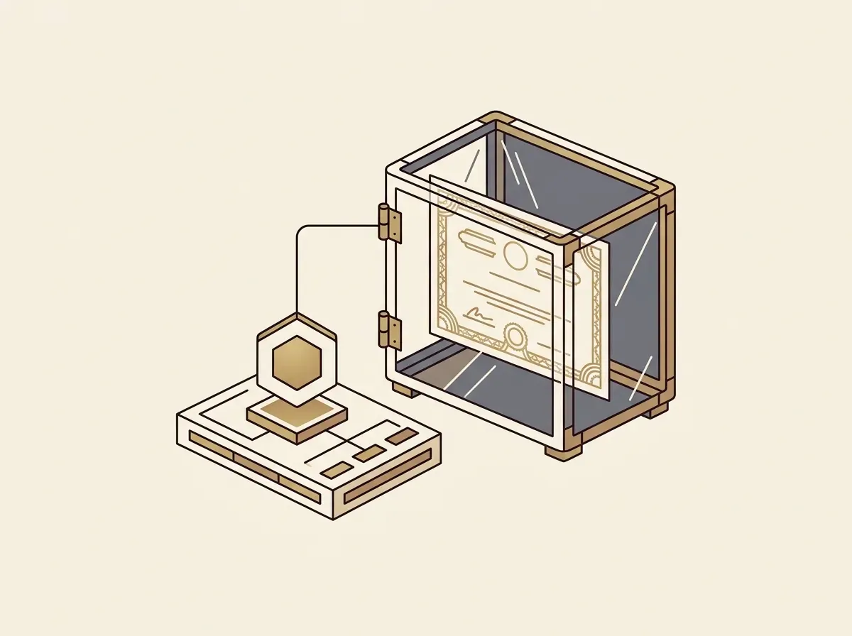Digital token on a blockchain linked 1:1 to a traditional stock certificate in a secure vault, illustrating asset backing.