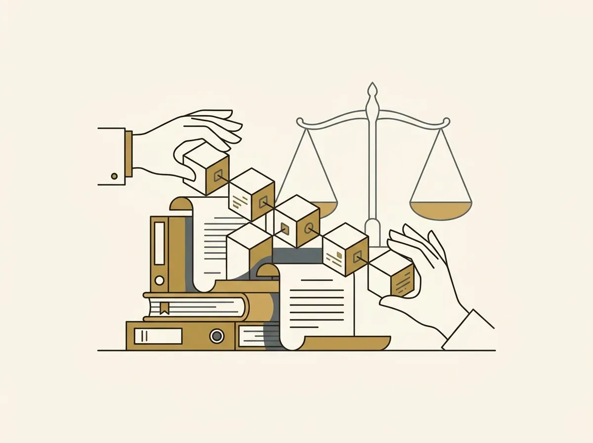 Blockchain ledger integrating into traditional legal documents, with a scale of justice in the background, representing regulatory mapping.