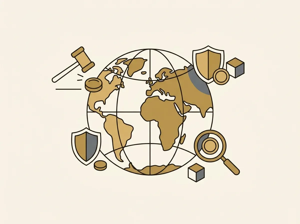A globe with abstract regulatory symbols interacting with tokens, illustrating diverse global approaches to tokenized assets.