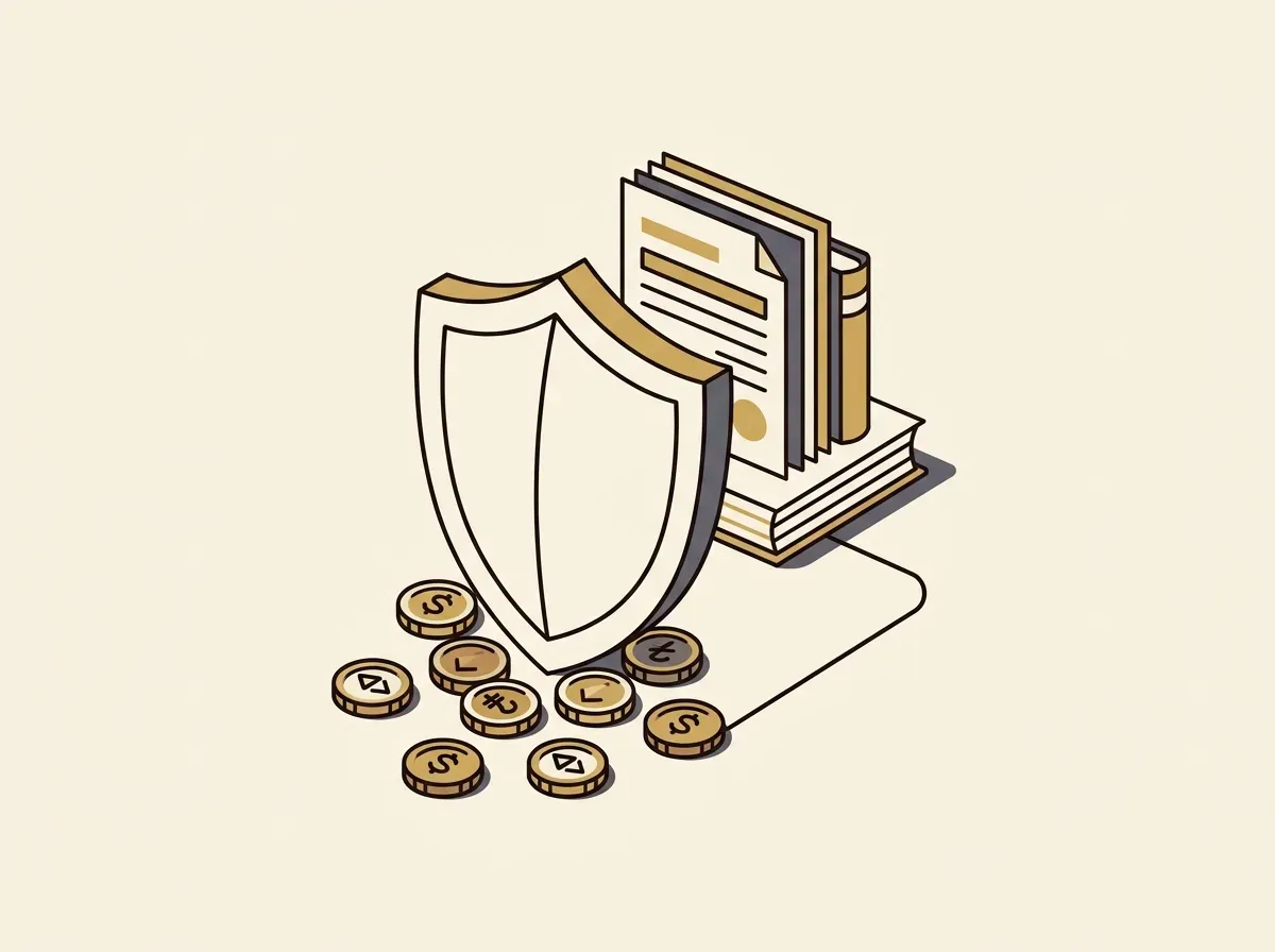 A shield protecting tokens, backed by a ledger, symbolizing investor protection and proof of reserves in tokenized markets.