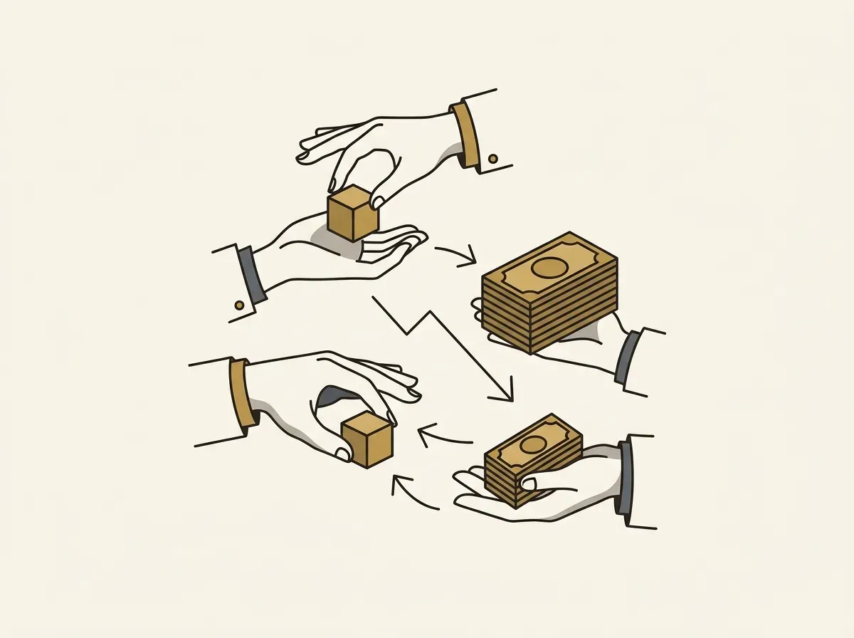 Hands exchanging blocks, illustrating the traditional short selling process.