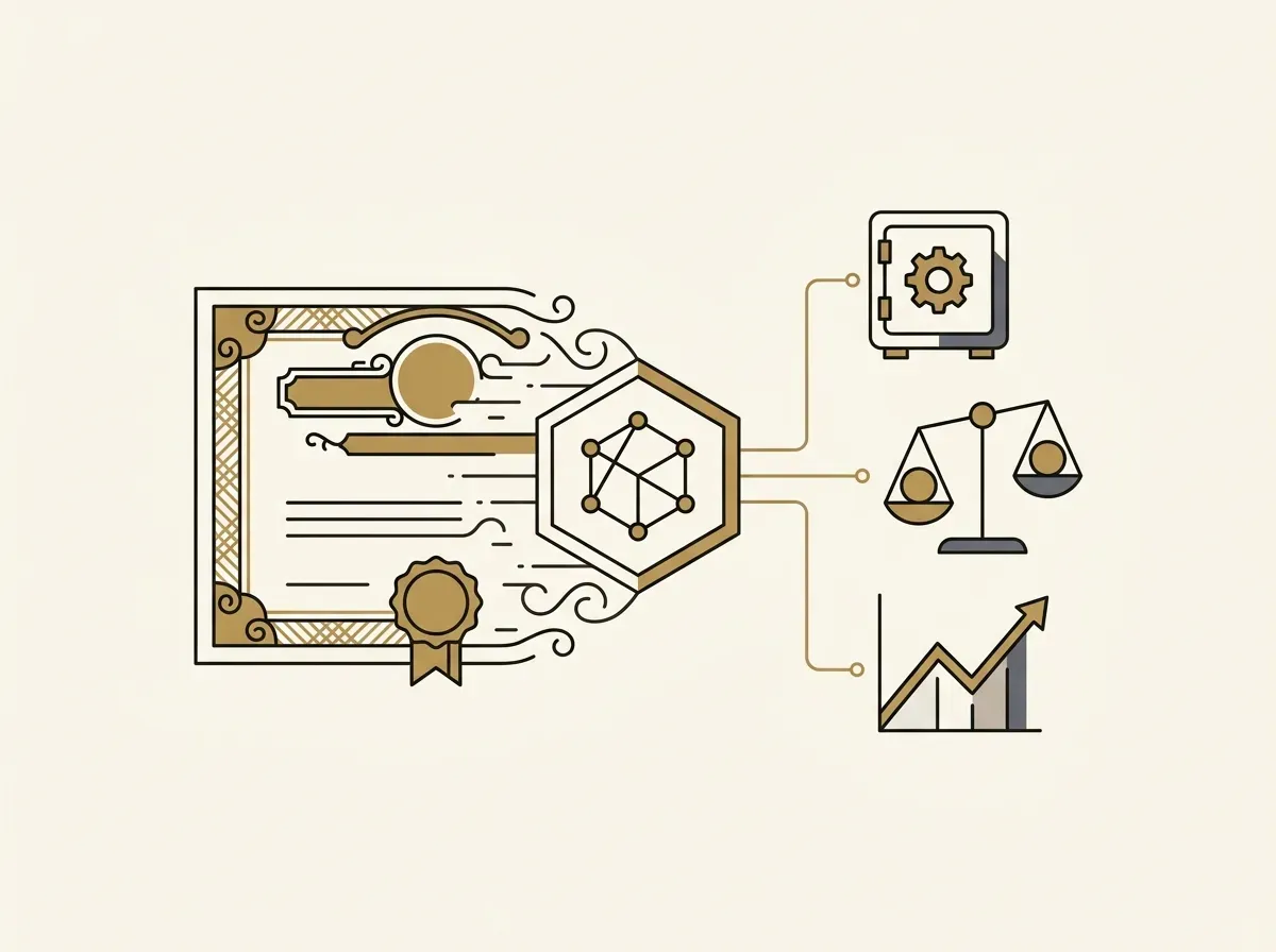 A stock certificate transforming into a digital token connected to various DeFi protocols.