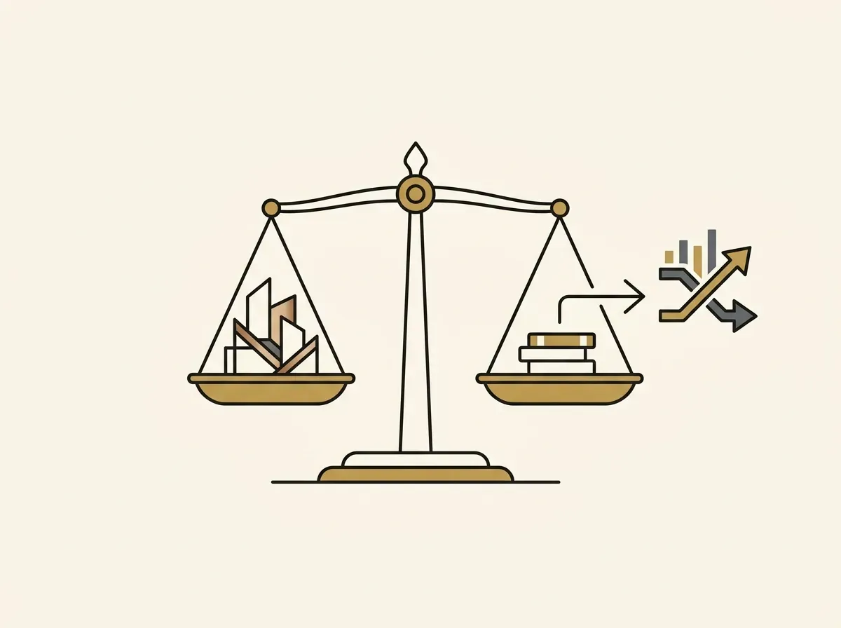 A balance scale with collateral and borrowed tokens, indicating lending protocol shorting.