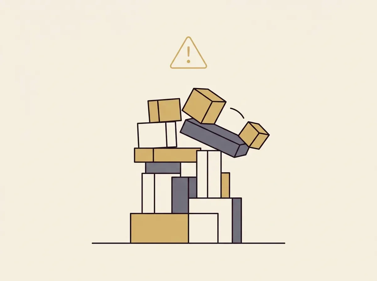 A wobbly stack of blocks with a warning symbol, representing risks in DeFi shorting.
