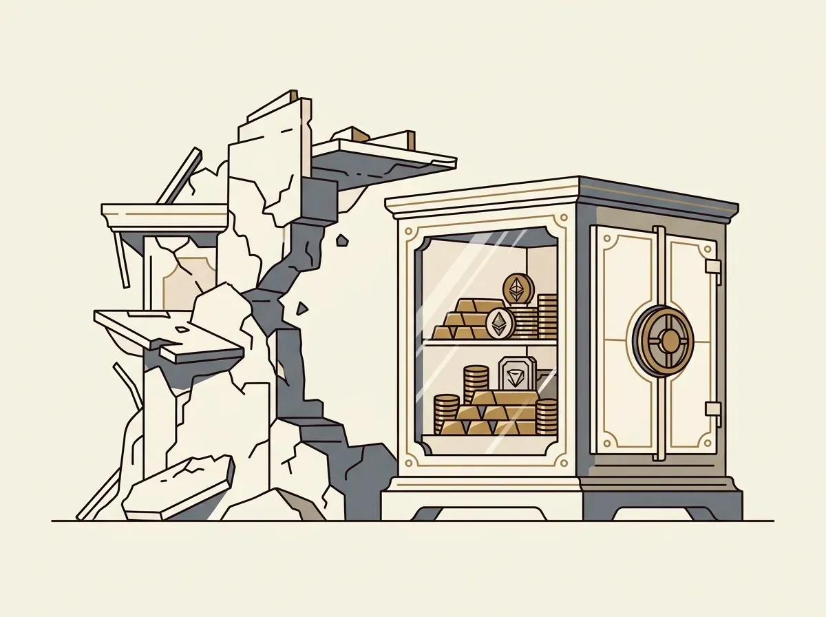 An illustration of a secure, isolated vault containing assets, separate from a main, unstable building.