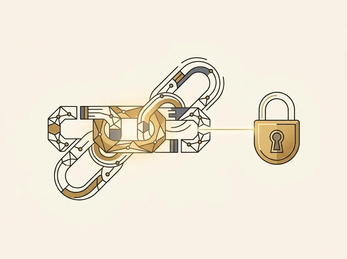 An abstract digital chain link connected to a padlock, symbolizing on-chain contract enforcement.