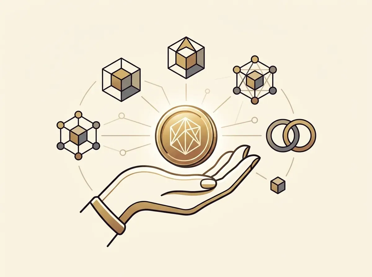 An open hand holding a digital token, with lines connecting to various abstract shapes, representing self-custody and composability.