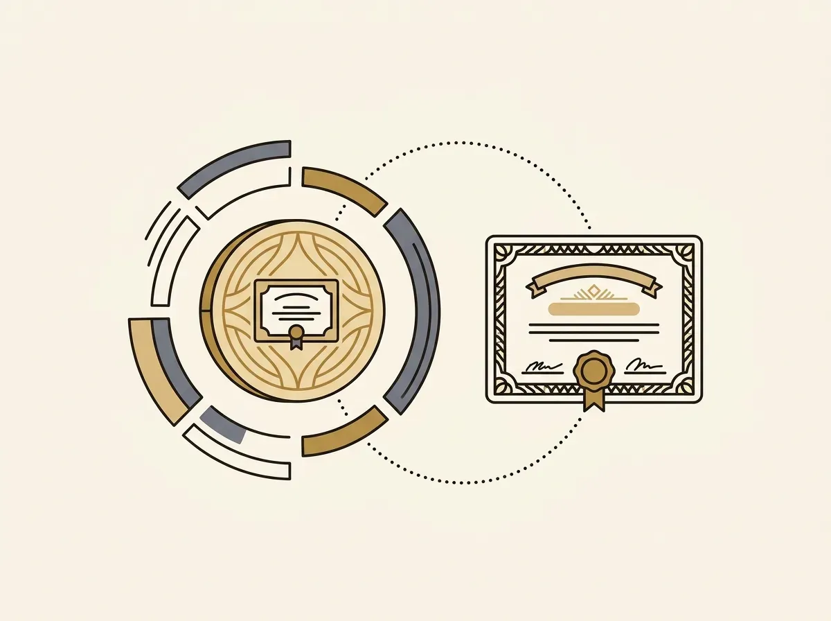 Digital token representing a stock, linked to a traditional certificate, symbolizing fractional ownership.