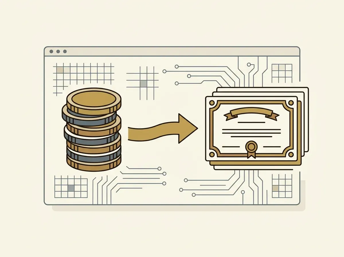 A visual representation of crypto coins transforming into stock certificates, illustrating the swap process.