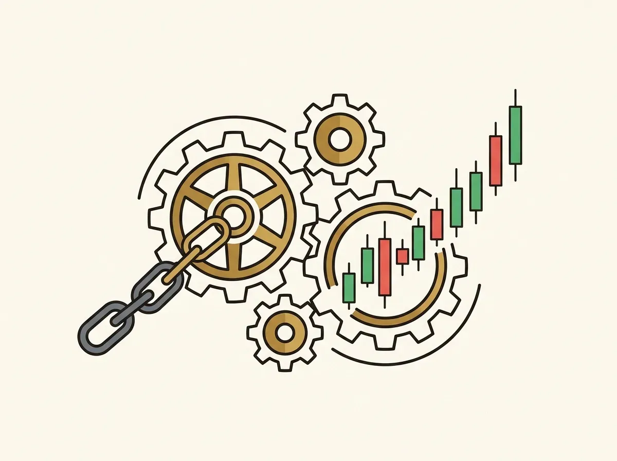 Interconnected gears and a blockchain linked to a rising candlestick chart, symbolizing fast, efficient trade mechanics.