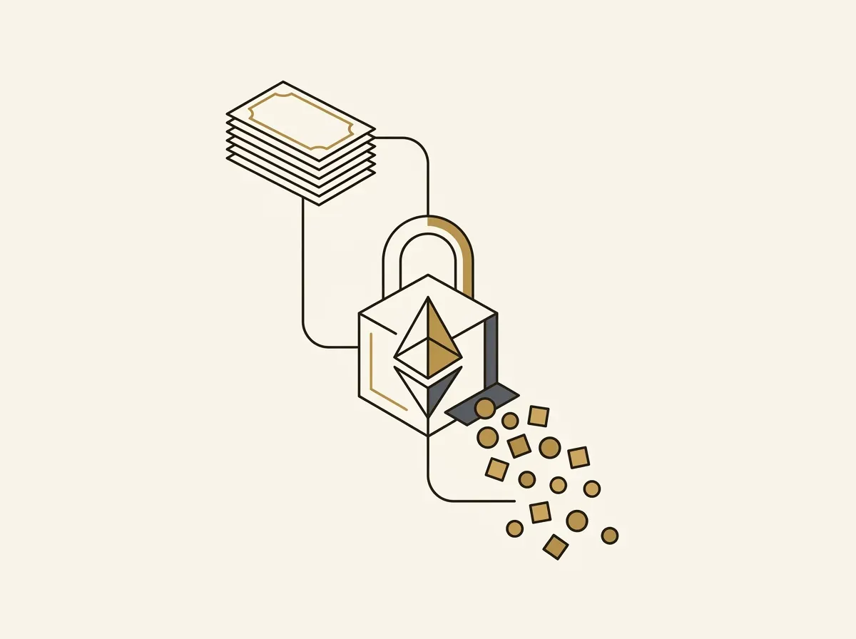 Abstract illustration of stock certificates entering a digital vault, with currency flowing out, representing collateralized borrowing.