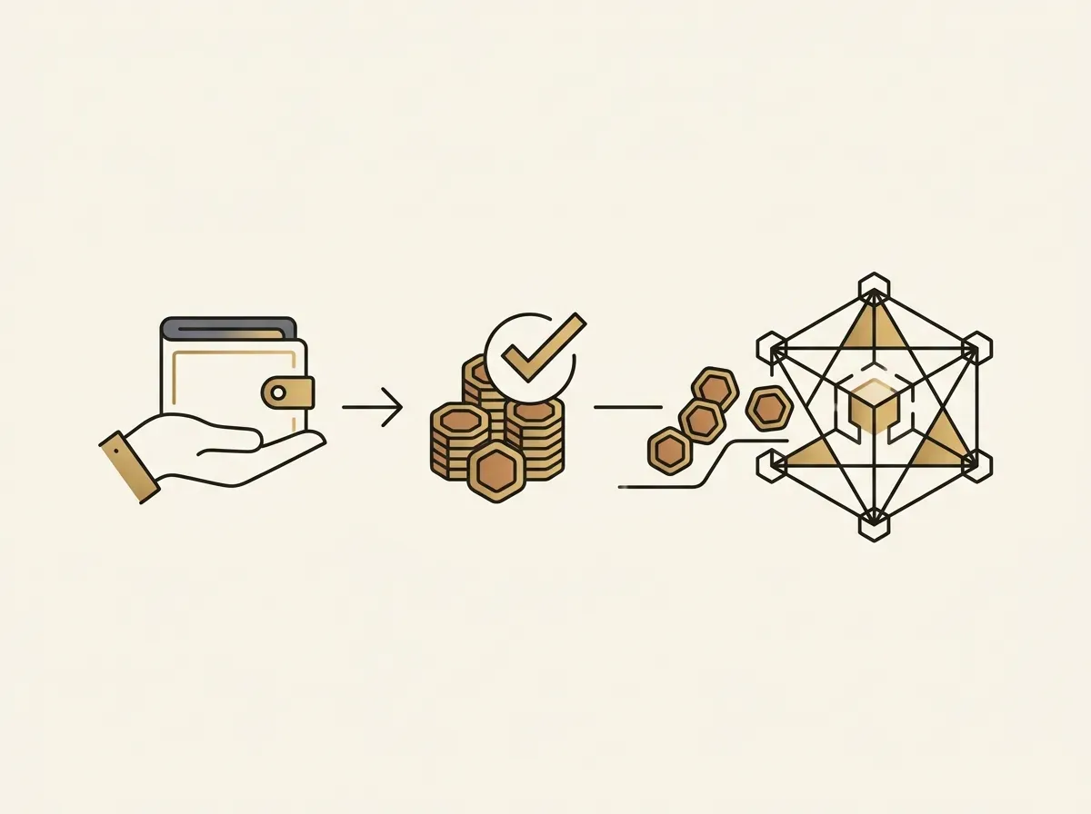 A four-step line-art sequence: wallet connects, tokens selected, approval, then tokens supplied to a DeFi protocol.