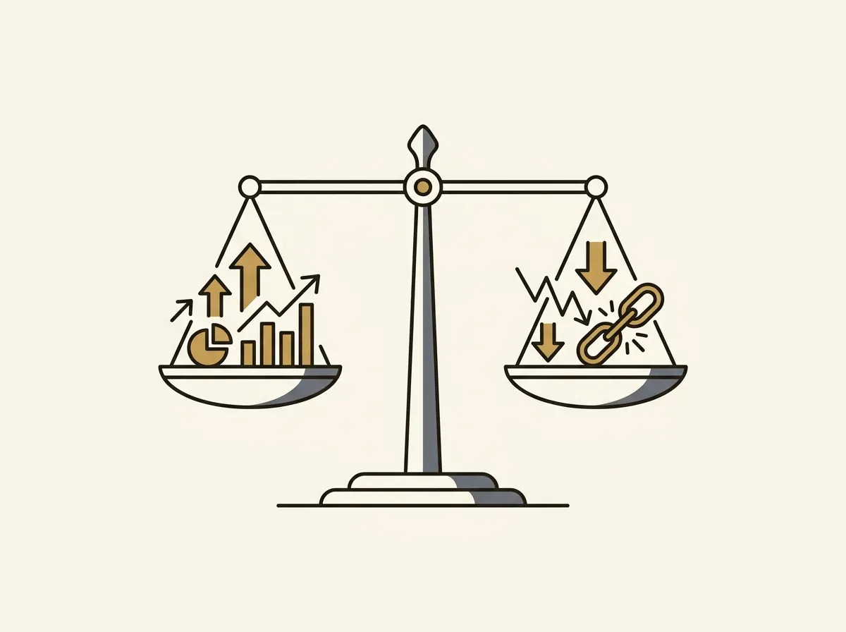 A balanced scale showing abstract symbols for benefits on one side and risks on the other, representing the trade-offs in DeFi.