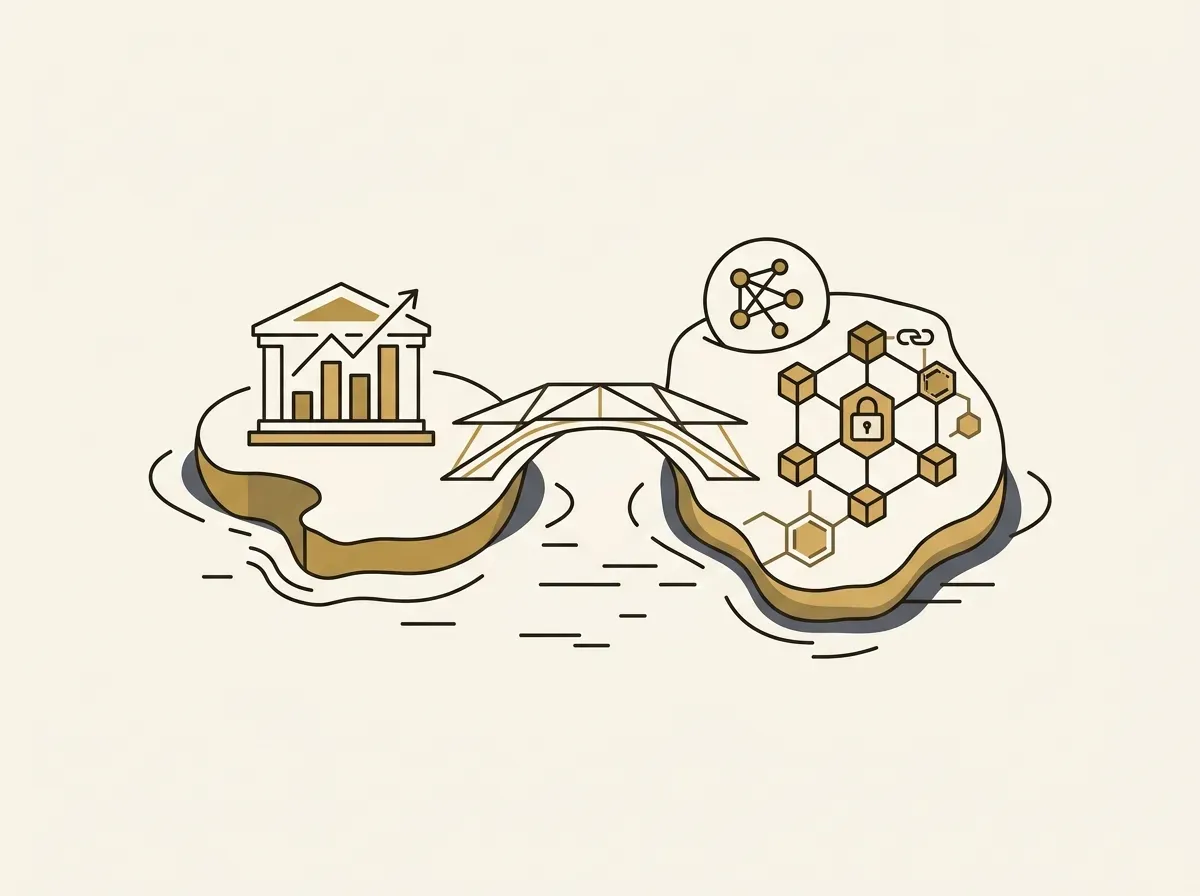 Two abstract platforms, one representing traditional finance and one DeFi, connected by a bridge, symbolizing asset integration.