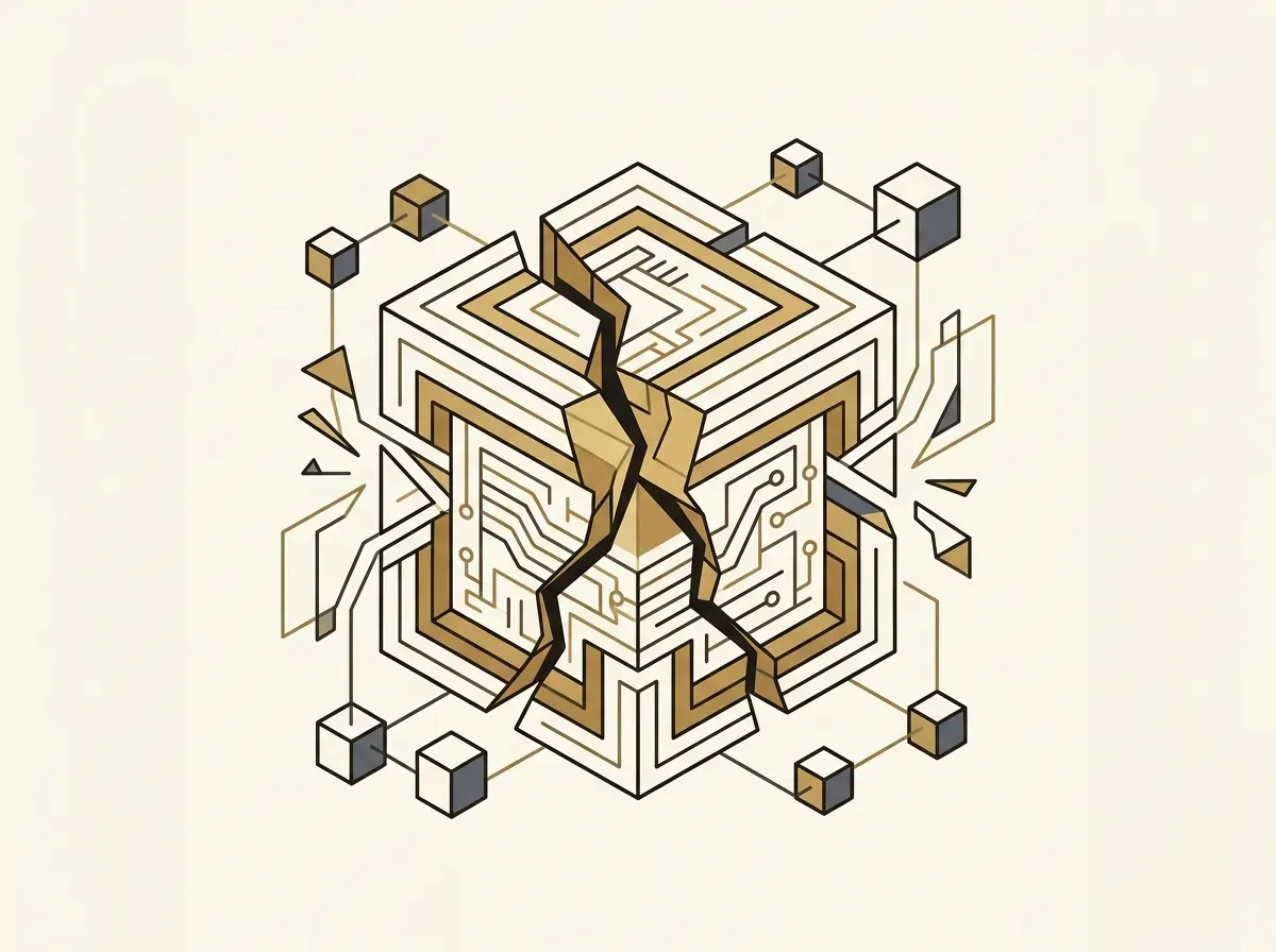 Cracked smart contract block, representing smart-contract risk.