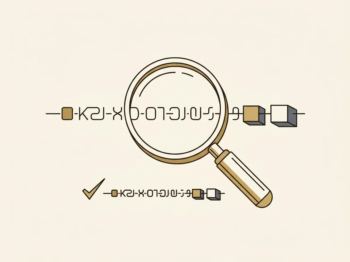 A magnifying glass inspecting a long digital address, with a small test transaction confirmed below, emphasizing careful verification.