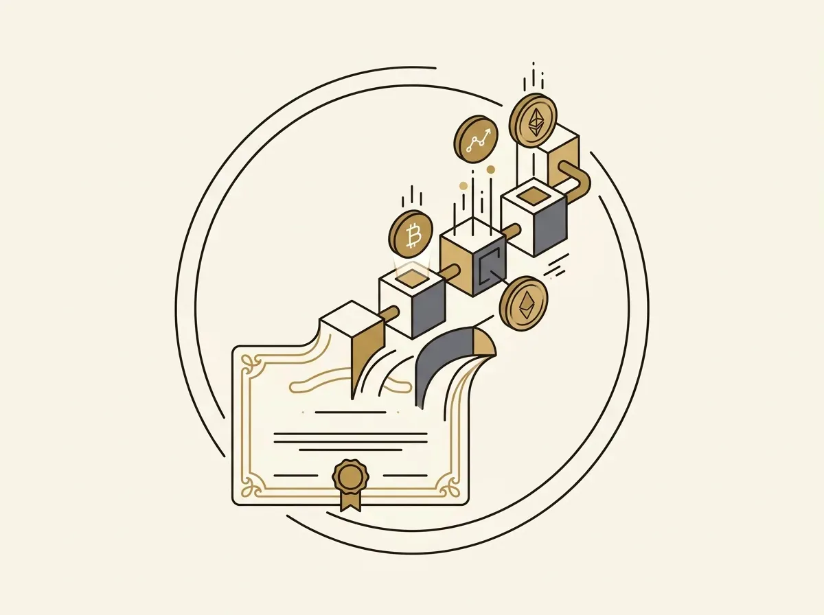 Stock certificate transforming into digital tokens on a continuous blockchain, representing 24/7 market access.