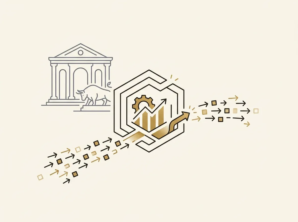 Continuous stream of digital orders flowing into a platform, while a traditional market symbol rests, showing 24/7 engagement.