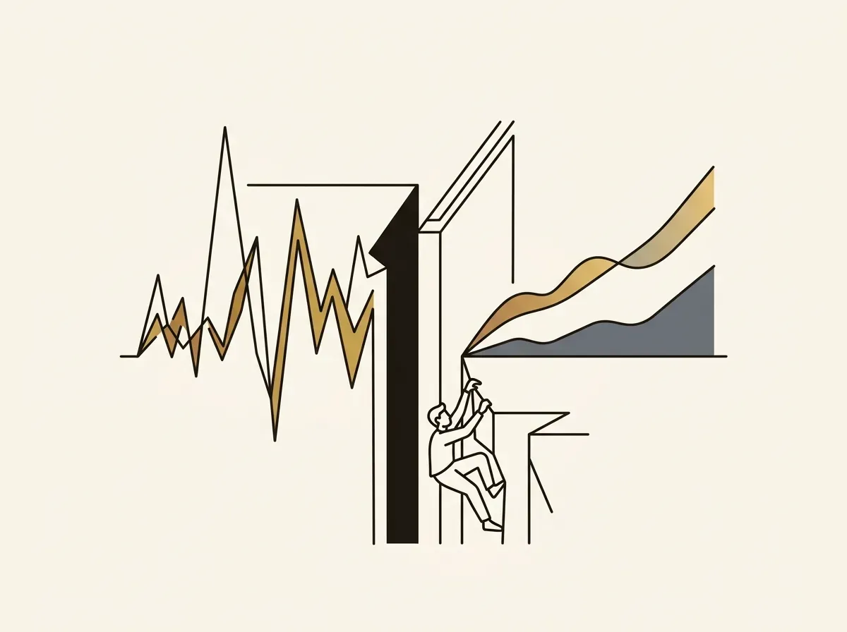 A volatile crypto chart separated by a barrier from a stable stock chart, with a figure trying to cross.