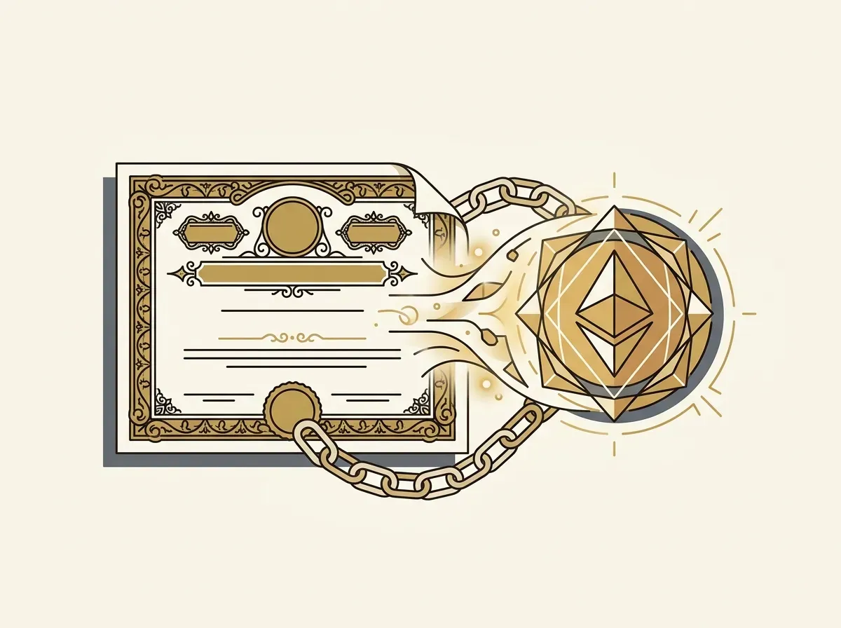 A traditional stock certificate transforming into a digital token on a blockchain.