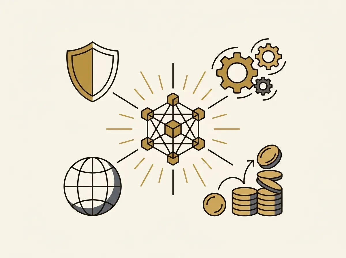 Abstract symbols representing benefits like security, composability, growth, and global access radiating from a blockchain icon.