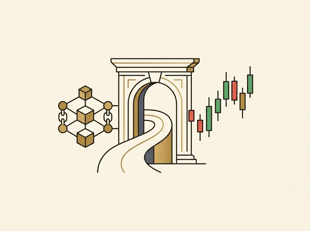 A minimalist gateway connecting a blockchain symbol to a traditional stock market chart.